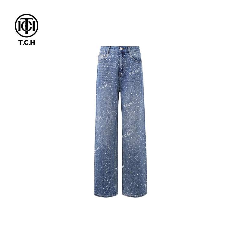 TCH私服烫钻工艺星河细闪直筒高质量牛仔裤女T72C20E5096轻奢tch
