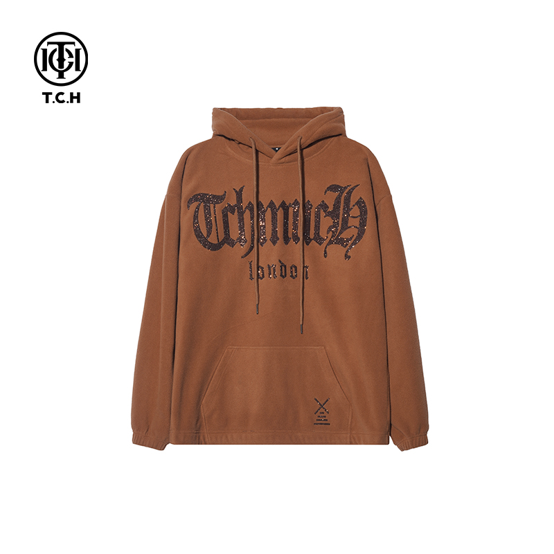 TCH轻奢秋冬时尚慵懒风烫钻驼色宽松连帽卫衣女T69D126023私服tch