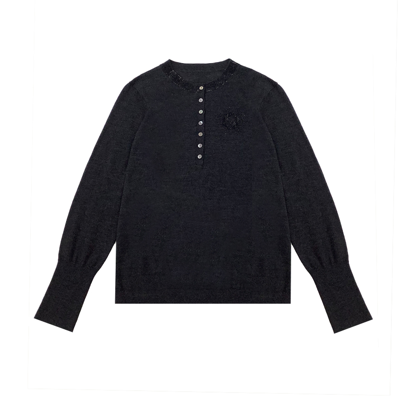 (现货）私服-TCH新中式潮牌领口烫钻黑色排扣打底羊毛衫T72C09E900
