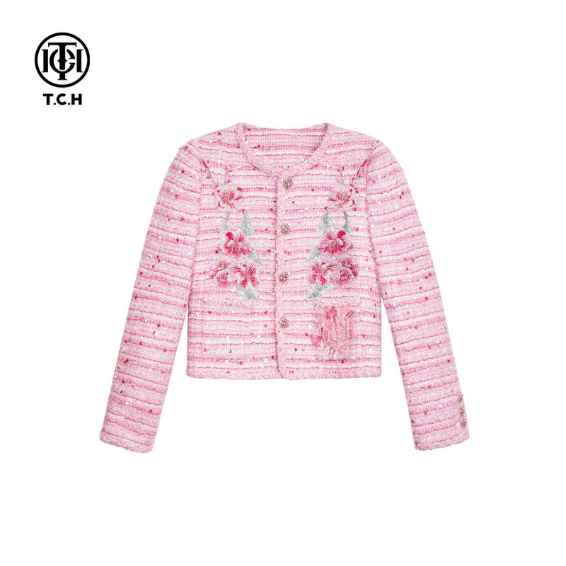 潮牌-TCH粉色小香风外套短款24秋冬新款时尚烫钻休闲T72C276007