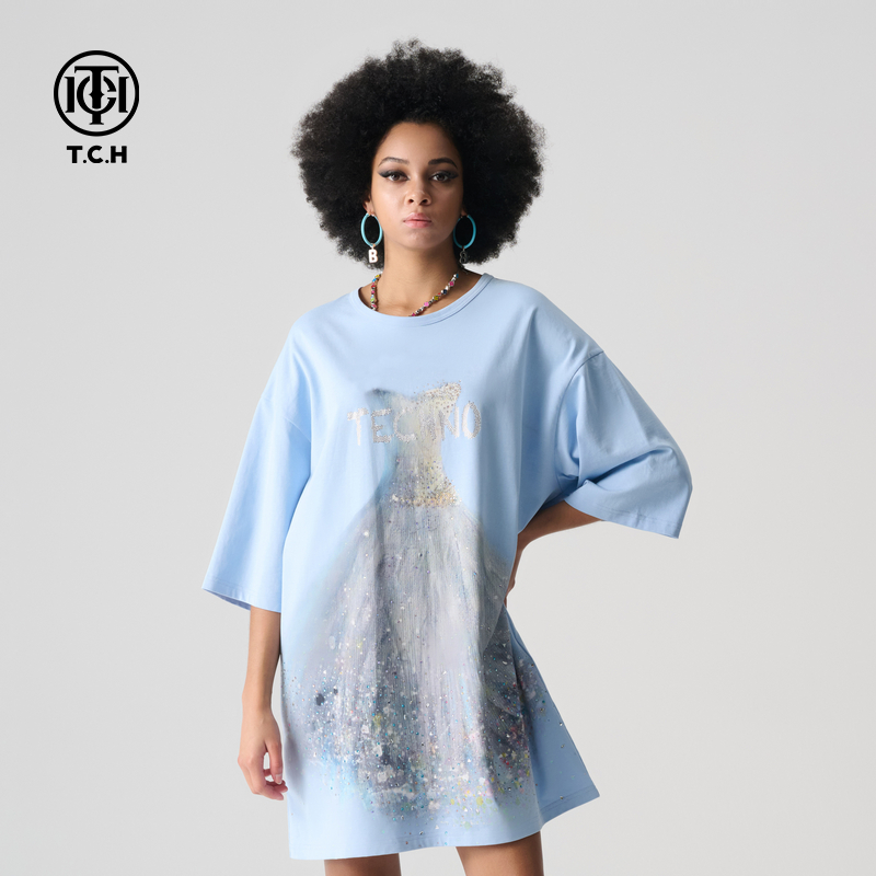 (现货）T.C.H2025春夏新款烫钻时尚百搭婚纱T恤连衣裙T72B306050