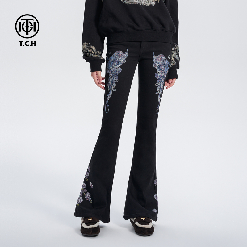 TCH-TCH2025新款时尚个性烫钻修身高腰微喇休闲裤T72C208032