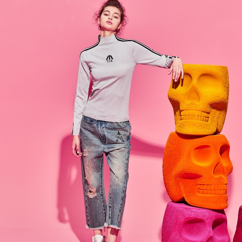 爆款-TCH潮牌钻石烫钻半高领银色百搭女士打底针织衫S69C098005