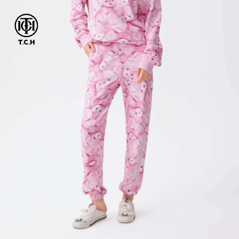 潮牌TCH小熊烫钻满印休闲长裤2025显瘦束脚卫裤T72D206010