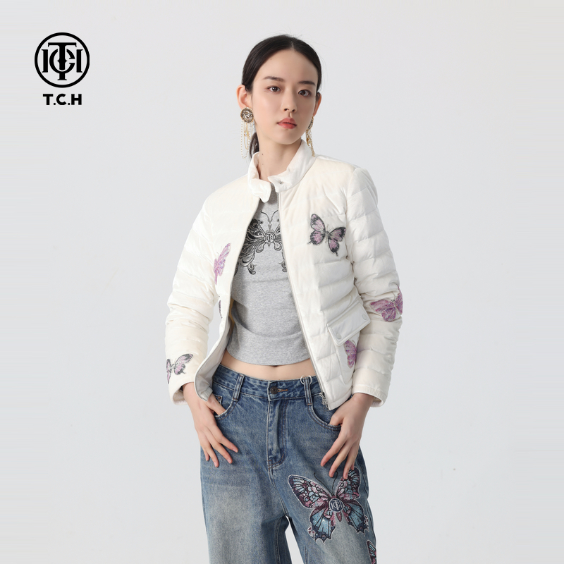 山东TCH-秋冬烫钻蝴蝶新中式鹅绒轻薄立领短款羽绒服T72D198030