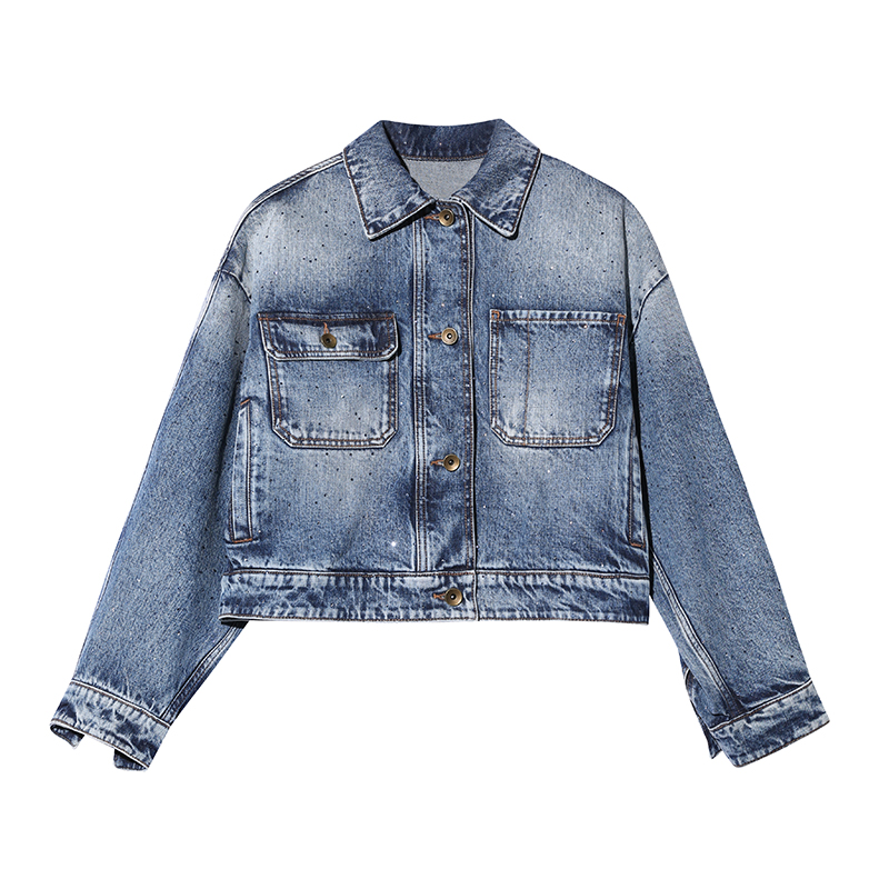 爆款-TCH潮牌烫钻秋冬时尚复古做旧宽摆蓝色牛仔外套S69C068002