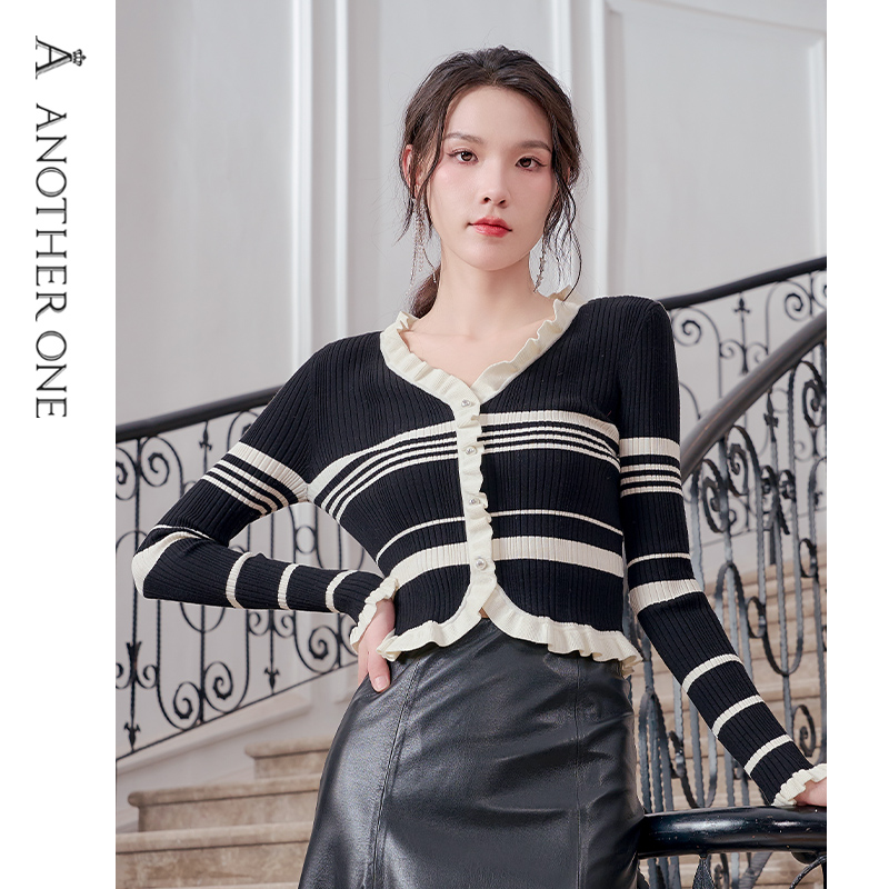 ANOTHER ONE安那迪小众设计针织衫显瘦条纹打底衫新款气质上衣