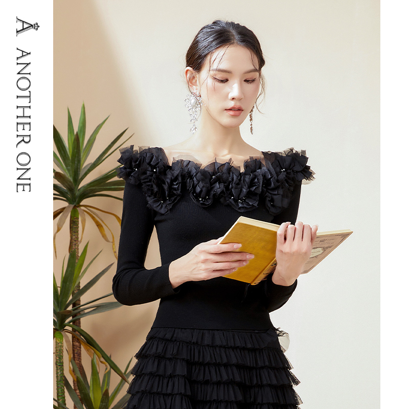 Another oneAnotherone一字肩针织上衣长袖打底黑色优雅秋冬