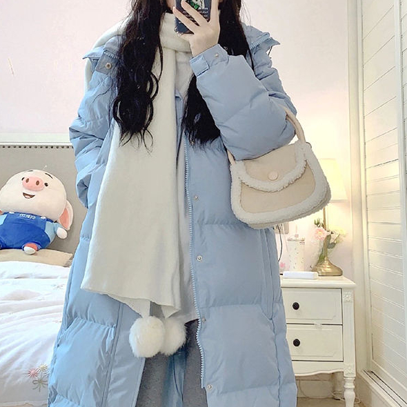 羽绒衣蓝色棉服外套女小个子秋冬加厚设计感小众宽松中长款过膝