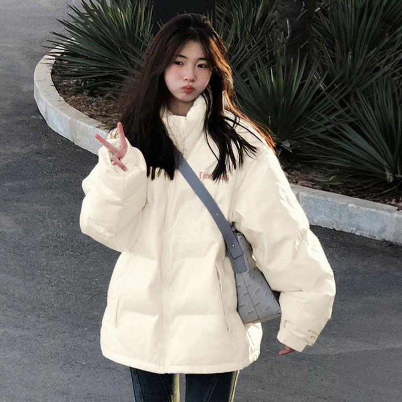 羽绒衣韩系复古风字母印花pu皮立领棉服外套女学生冬季宽松百搭