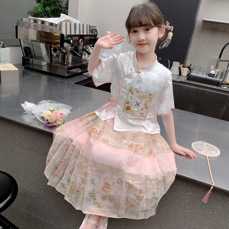 国风套装儿童马面裙夏季汉服女童2024新款小女孩唐装古装连衣裙子