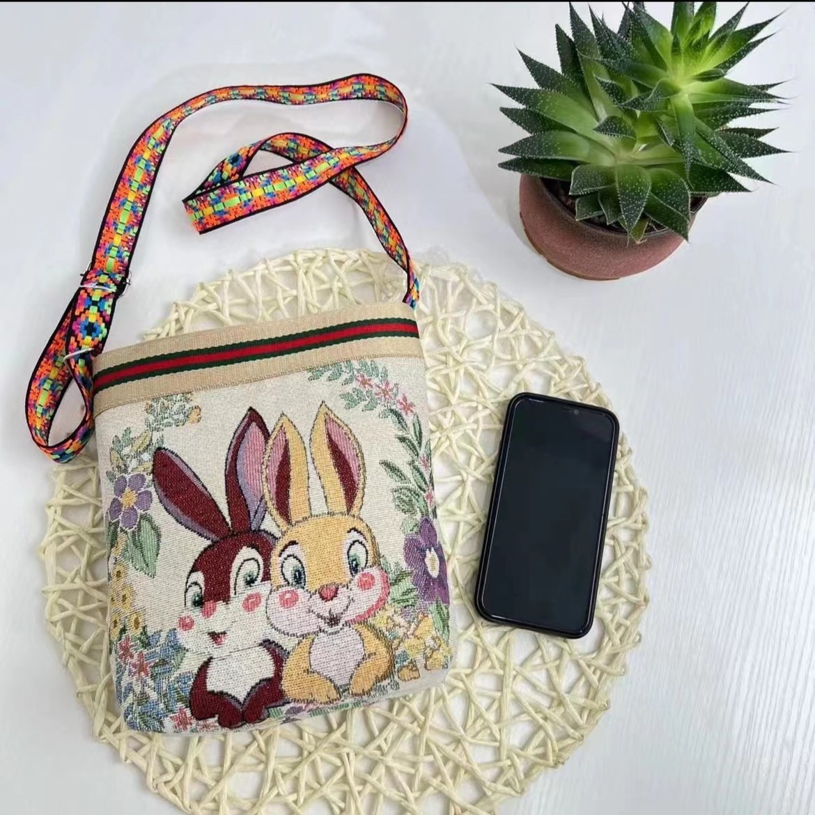 手提兔子可爱金丝针织双面手提斜挎包下