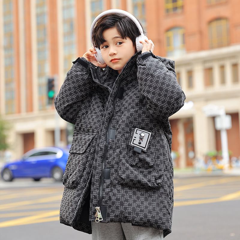 巴拉巴拉恩儿童羽绒服男童中长款2024新款洋气印花中大童冬装韩版
