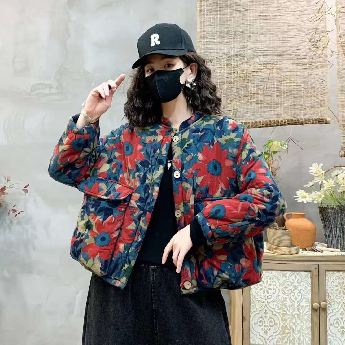 2024新款时尚冬季厚款休闲百搭女士洋气【加绒棉服】复古花色