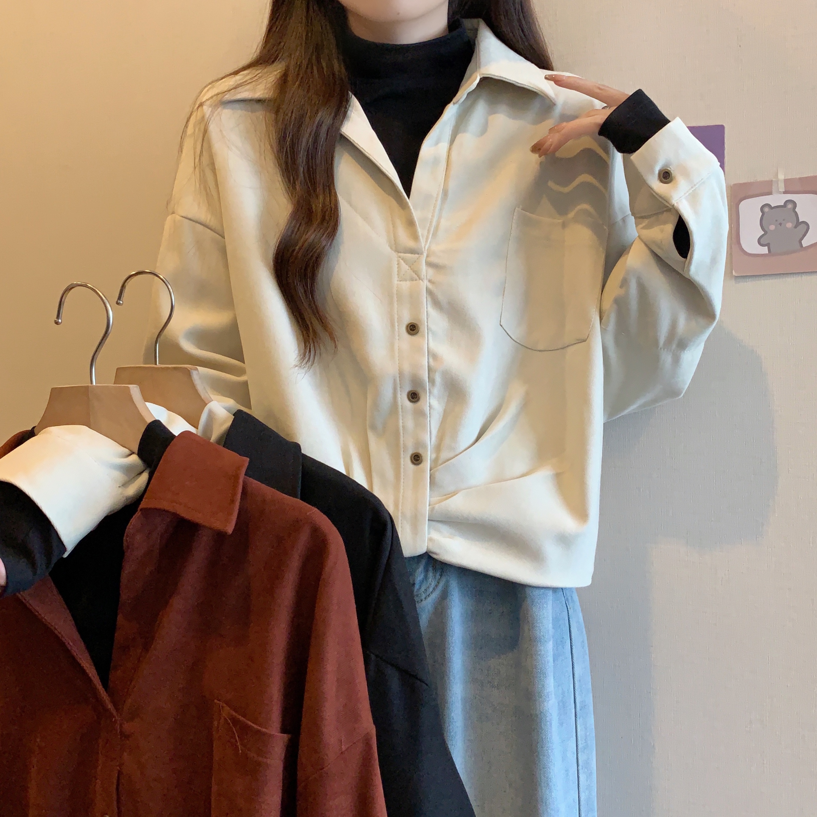 实价不减大码胖mm宽松高领口袋设计假两件衬衫宽松百搭上衣