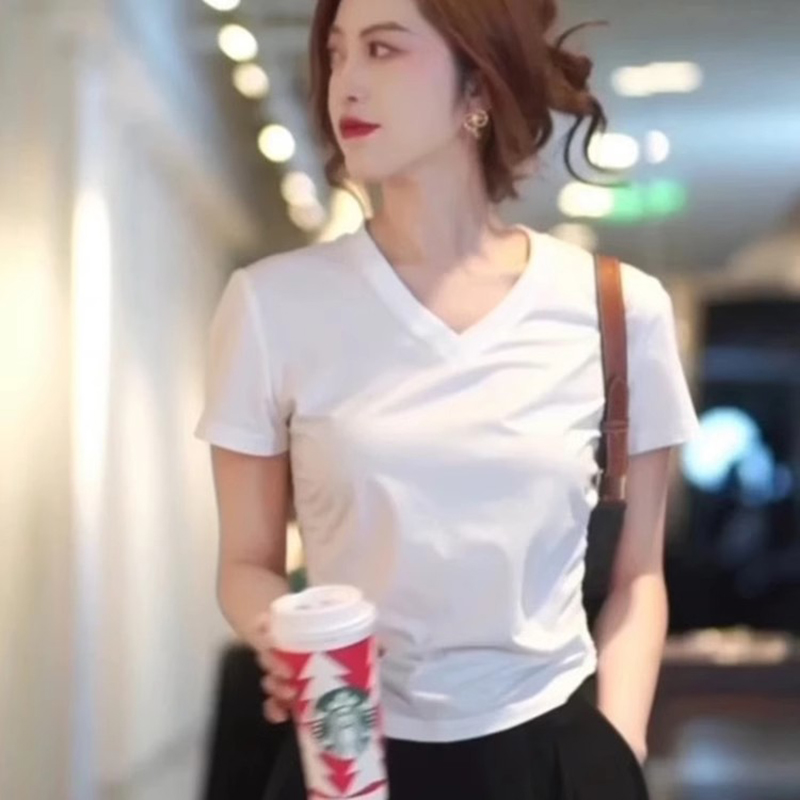 {专柜}商场同款2025夏季新百搭V领侧边收褶纯色T恤女1300888