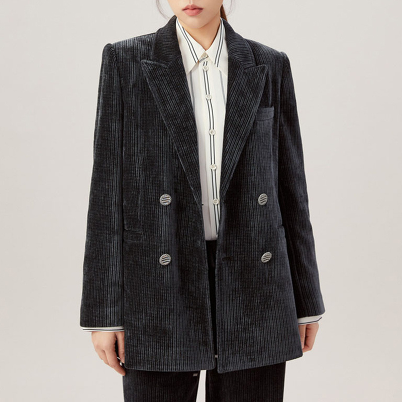 商场同款春季休闲复古宽松中长款双排扣雪尼尔西装外套女1400620