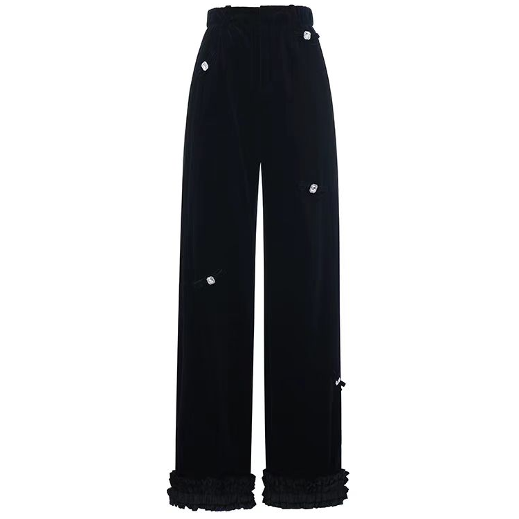 LeFame/拉飞姆2025春FF25C11SP069立体钉珠蝴蝶结装饰丝绒长裤