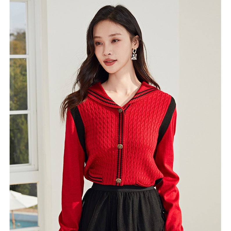 【高高甄选】商场同款时尚减龄海军领绵羊毛针织衫NDY9A23090