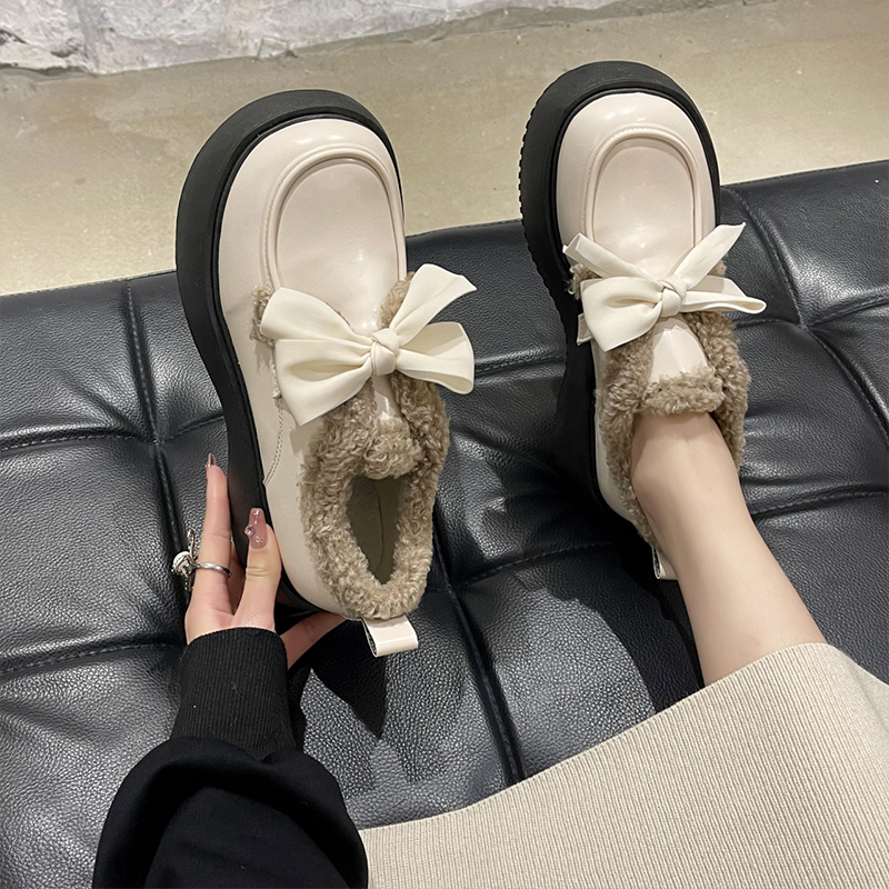 日系厚底小皮鞋女2023秋冬棉鞋新款加绒洛丽塔鞋子英伦玛丽珍单鞋