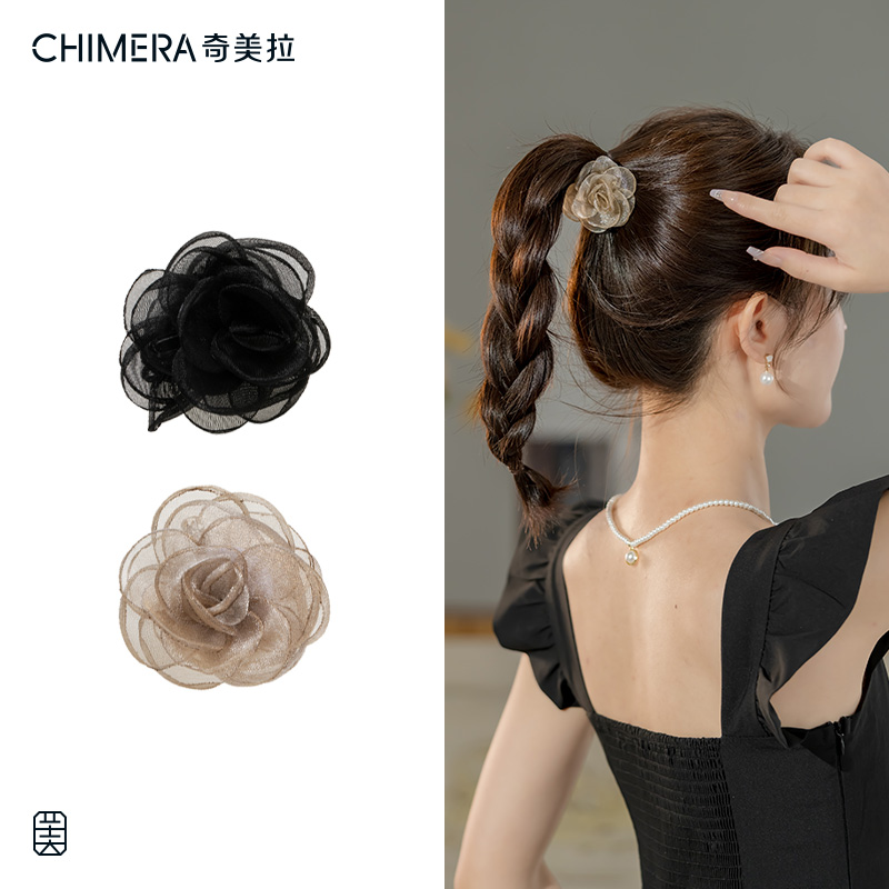 奇美拉超仙气网纱山茶花抓夹女网红后脑勺半扎发发抓头饰夹子