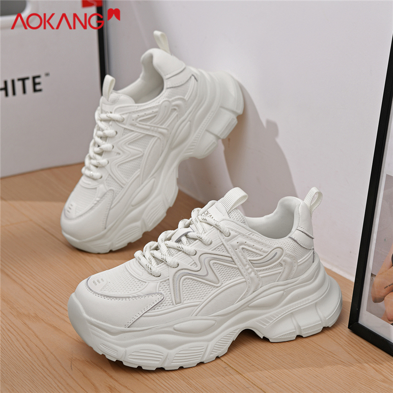 奥康女鞋爆款2025新款冬季时尚纯白网面老爹鞋女厚底增高网红潮鞋