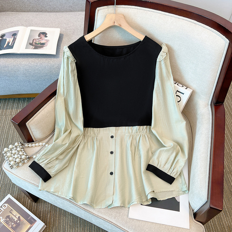 ZZ2614大码撞色拼接假两件衬衫宽松上衣加肥加大清货特价超值