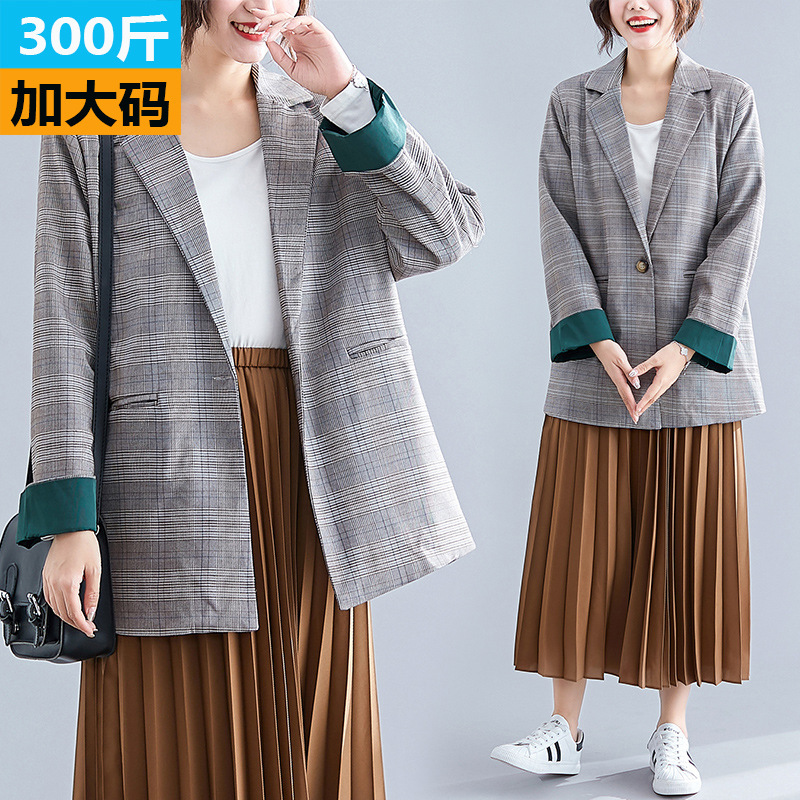 ZZ1852韩版时尚格子西装外套后开叉宽松休闲上衣300斤大码女装
