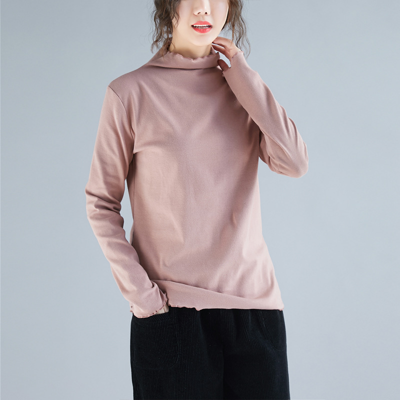 ZZ1763秋冬半高花边领显瘦长袖上衣纯色打底衫4色300斤大码女装