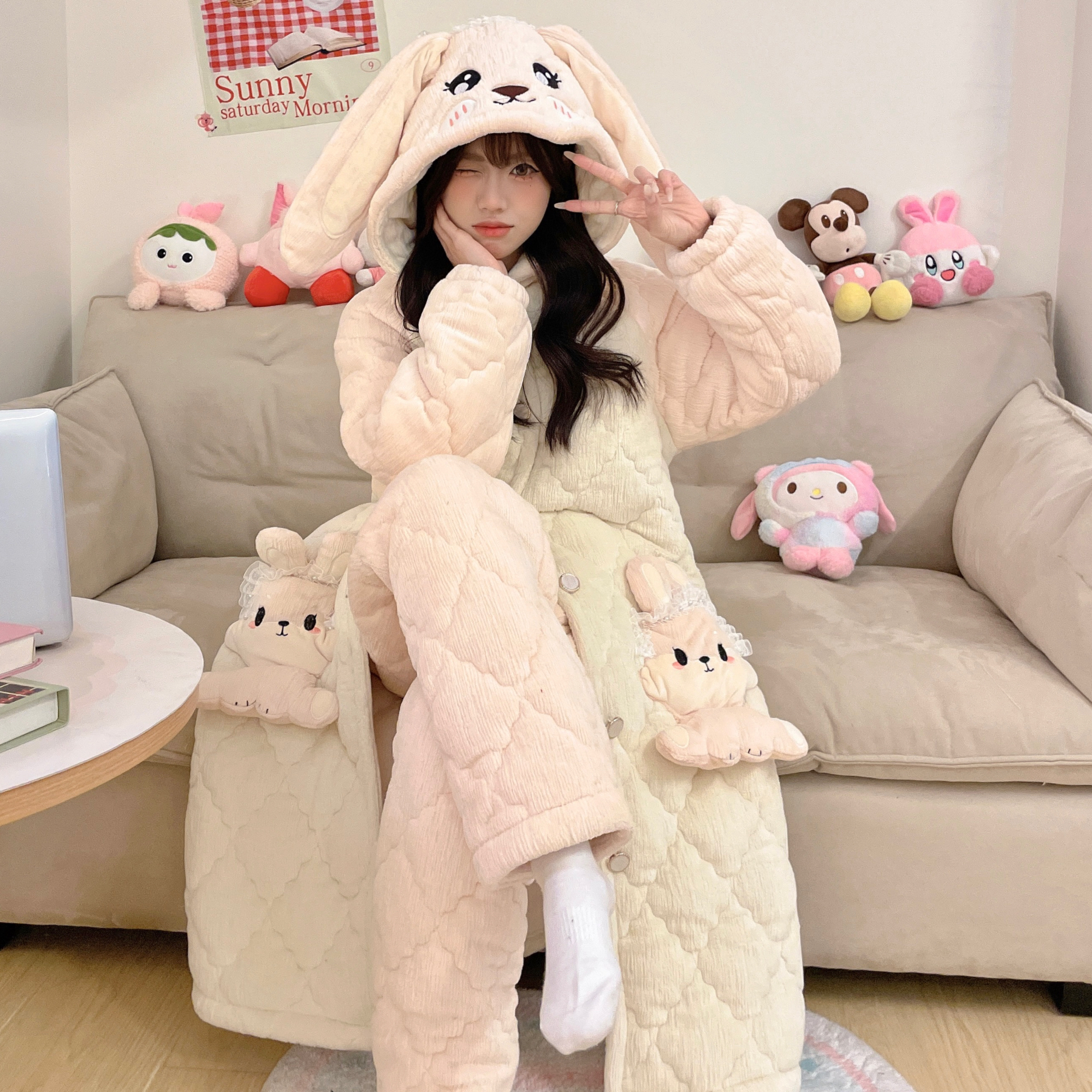 2025三层夹棉睡衣女秋冬季加绒加厚连帽睡袍可爱浴袍家居服冬天