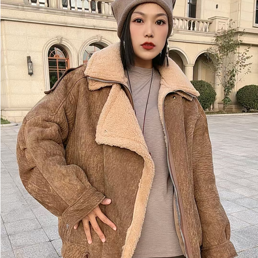 【远柏世家】皮毛一体颗粒感机车夹克美式复古羊皮外套