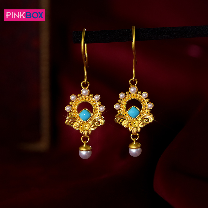 PINKBOX//黄金耳饰足金耳环镶嵌绿松石珍珠流苏高级感/OGE075(B)