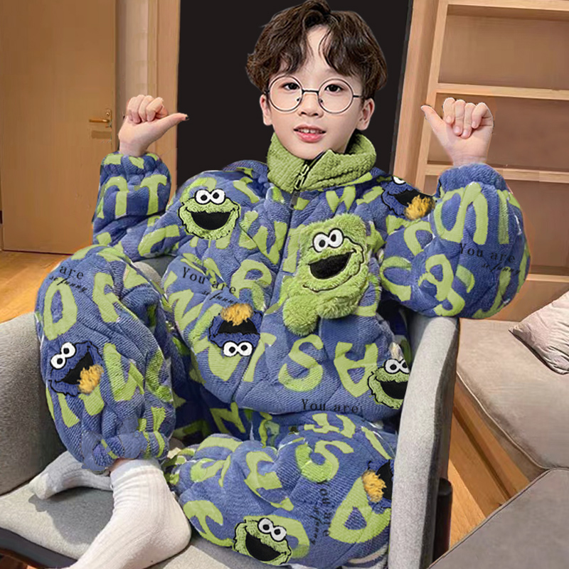 儿童睡衣冬季加绒加厚冬款三层夹棉男童珊瑚绒2024新款青少年男孩