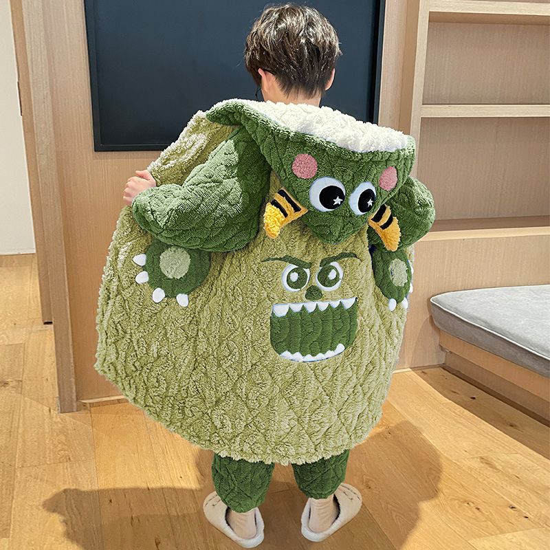 男童睡衣2024新款冬季男孩三层夹棉加厚连帽珊瑚绒儿童家居服套装