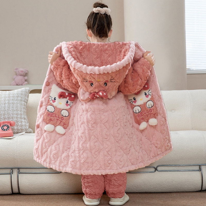 女童睡衣冬款加绒加厚三层夹棉珊瑚绒儿童小女孩中大童卡通家居服