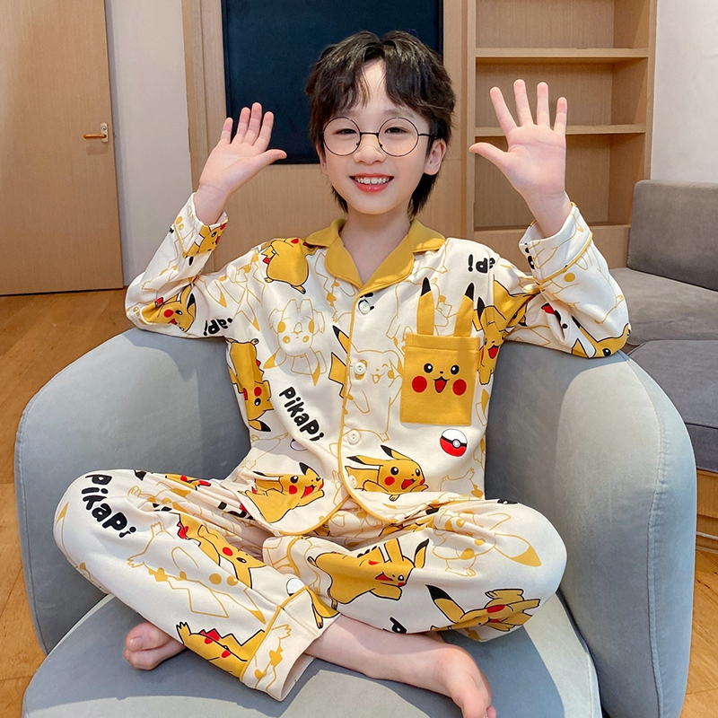 儿童睡衣男童8-15岁春秋季款全棉长袖男孩中大童卡通皮卡丘家居服