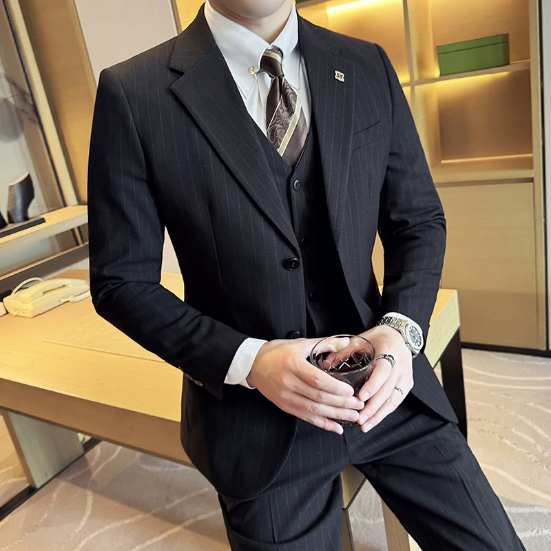 九叔条纹西服套装男三件套商务休闲西装潮流修身英伦风职业帅气