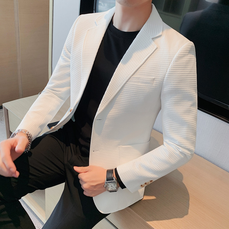 华夫格高级感男士春季新款西服潮流休闲时尚痞帅修身帅气商务韩版