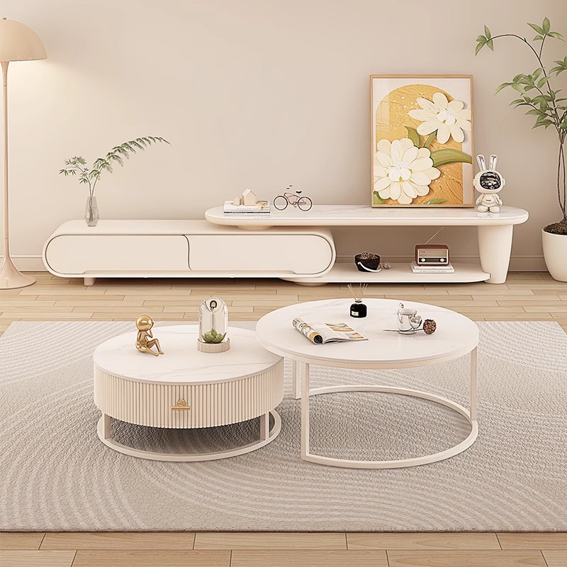 执竹者岩板伸缩电视柜现代小户型轻奢折叠奶油风茶几电视机柜组合