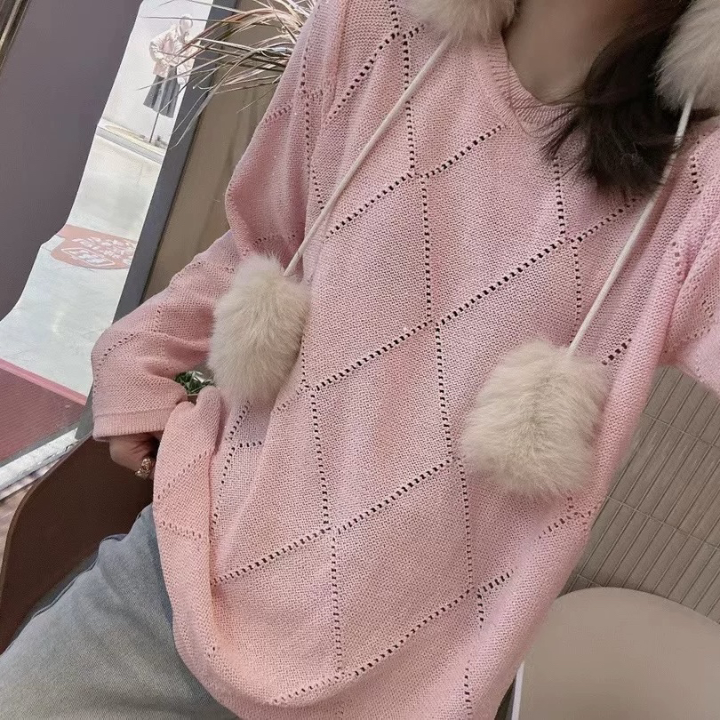 【WE】 圆领烫钻亮片长袖方格宽松休闲针织衫