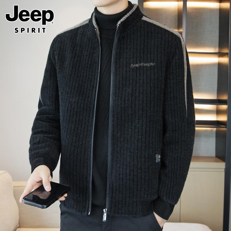 Jeep吉普毛呢大衣男士冬季加绒加厚保暖上衣潮牌立领呢子外套男装