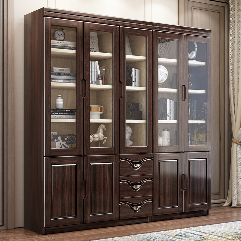 新中式实木书柜衣柜一体整墙组合柜书架带玻璃门置物柜书橱