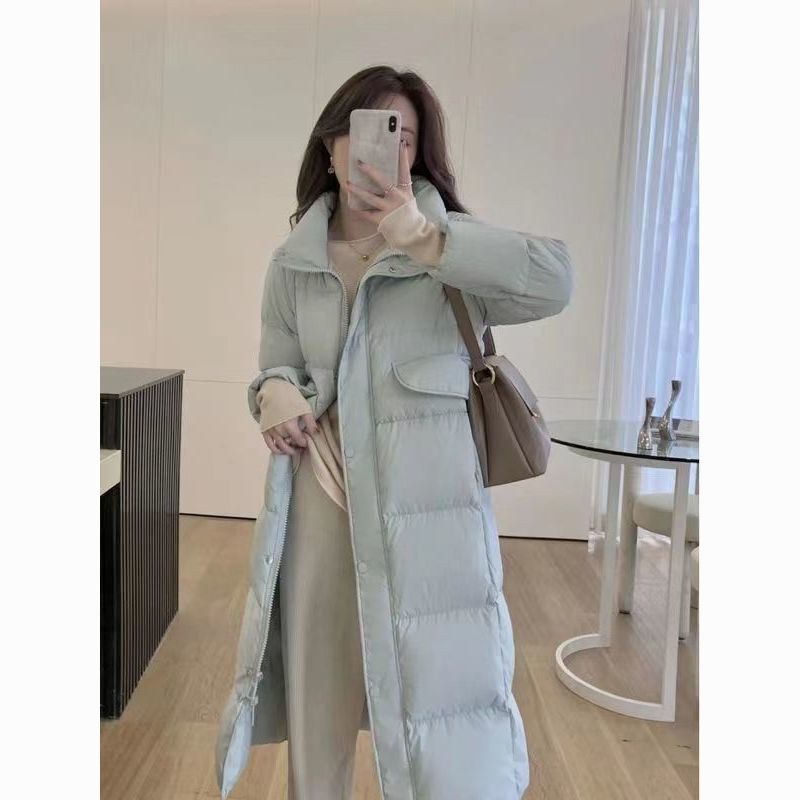 2023新款羽绒服女中长款过膝韩版立领宽松高级感白鸭绒外套加厚冬