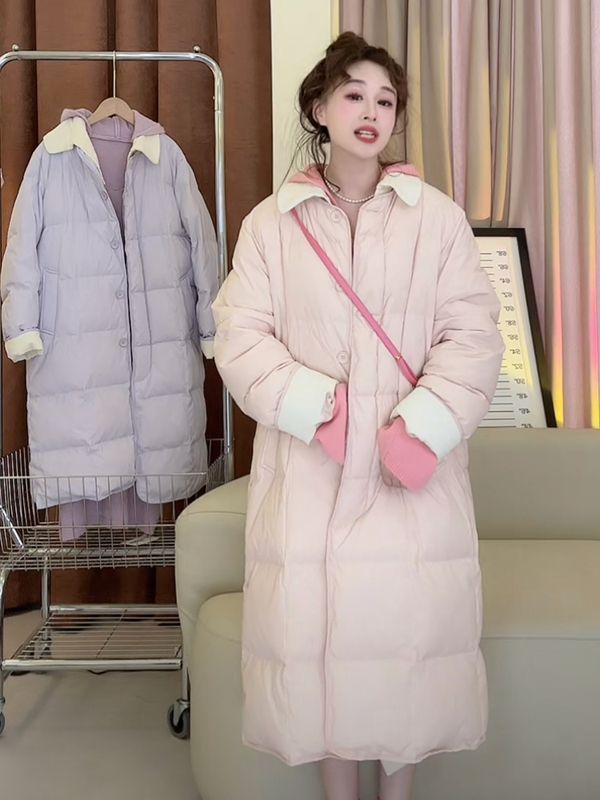 反季粉色翻领羽绒服女中长款过膝2023冬季新款白鸭绒韩系撞色外套