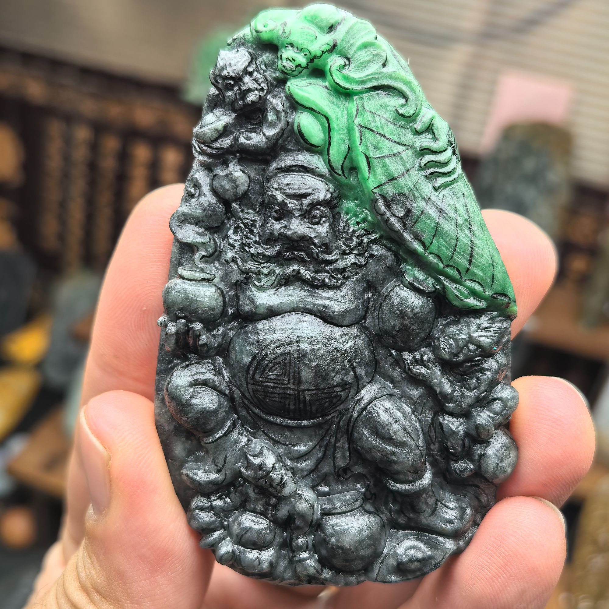 小鱼珠宝翡翠定制缅甸翡翠a货乌鸡带绿《天官赐福.钟馗》五鬼运财