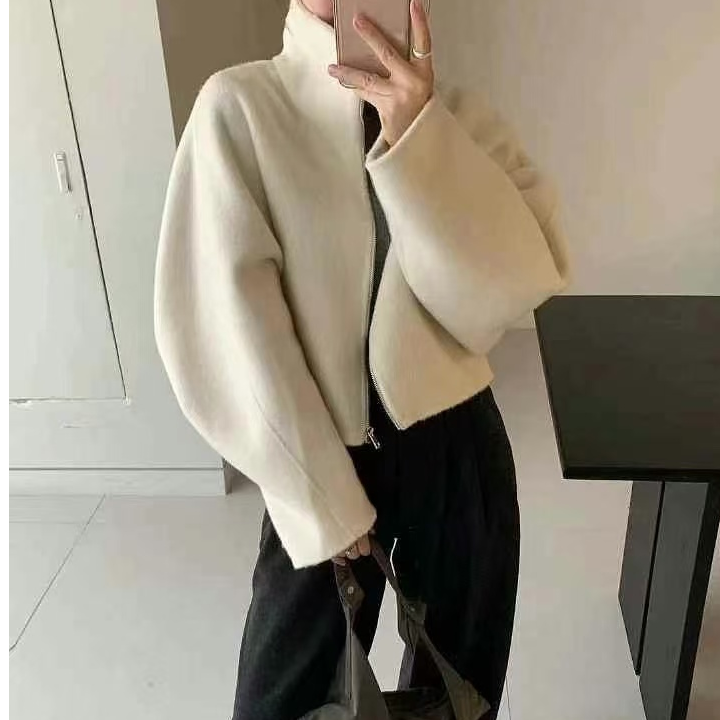 绵羊毛羊绒拉链外套长袖短款时尚休闲百搭气质气质双面宽松秋冬