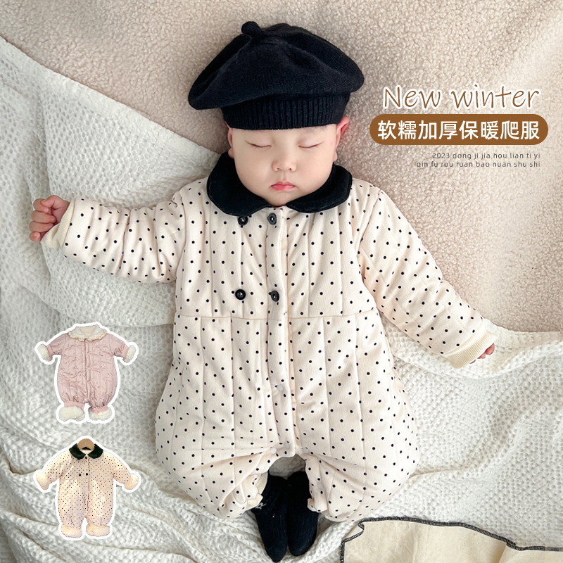 婴儿连体衣加厚加绒爬服外出服棉服秋冬新款男女宝宝哈衣