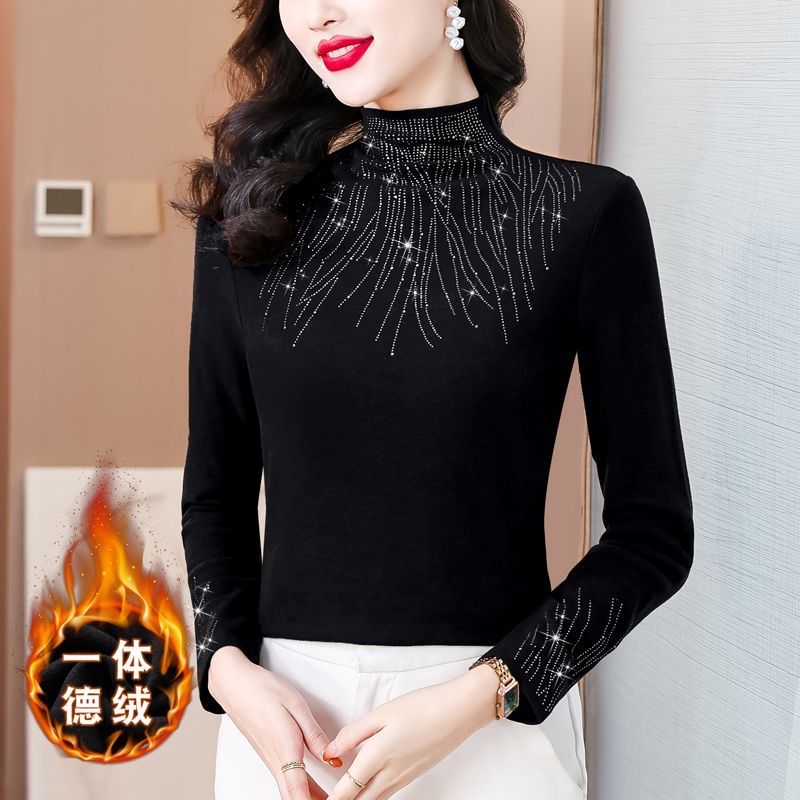 秋冬妈妈烫钻加绒打底衫女洋气内搭上衣t恤大码加厚百搭保暖内衣