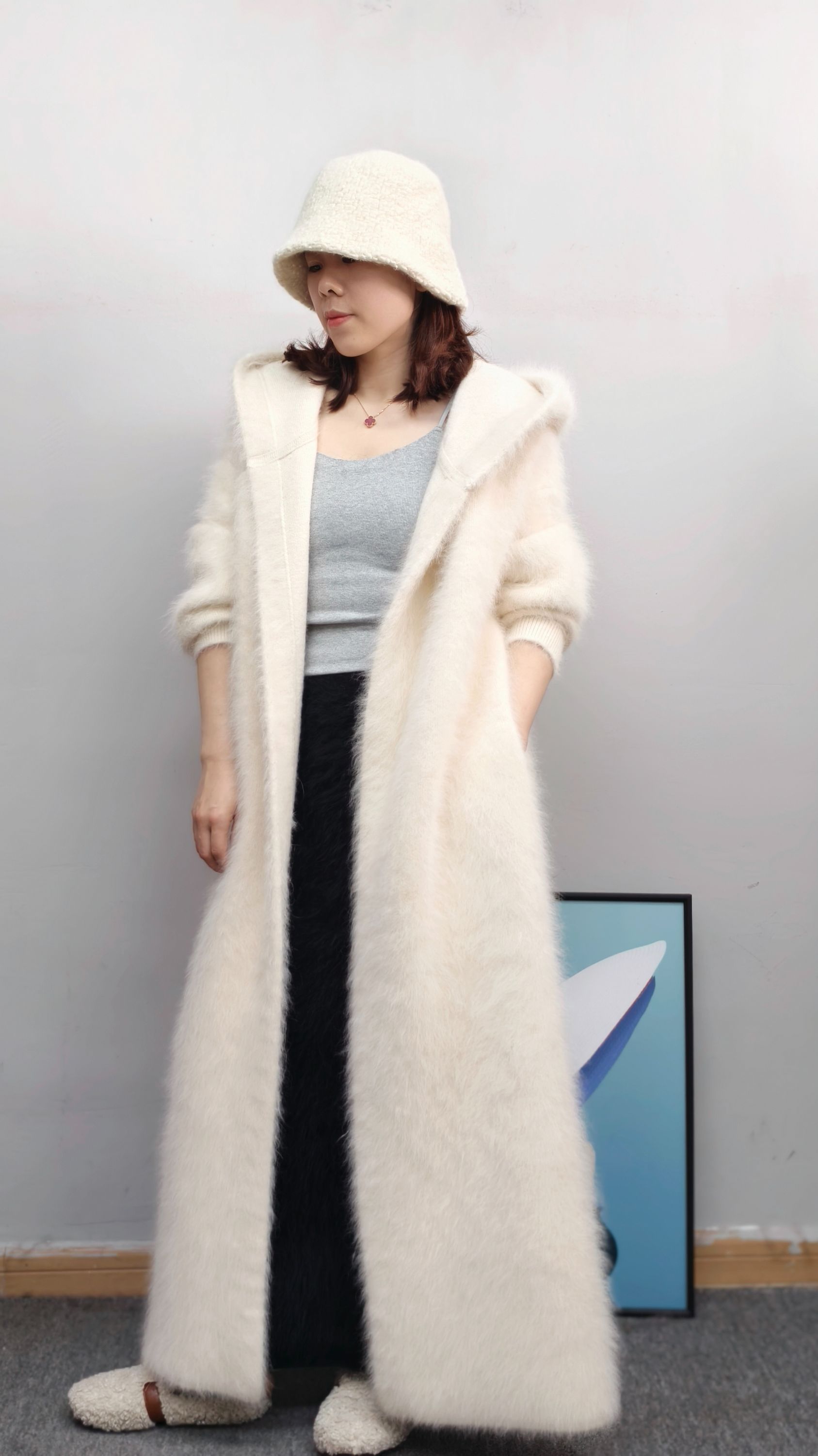 【冬季恋人】高定百搭真毛小动物拉绒长款浴袍大开衫外套女款帽衫