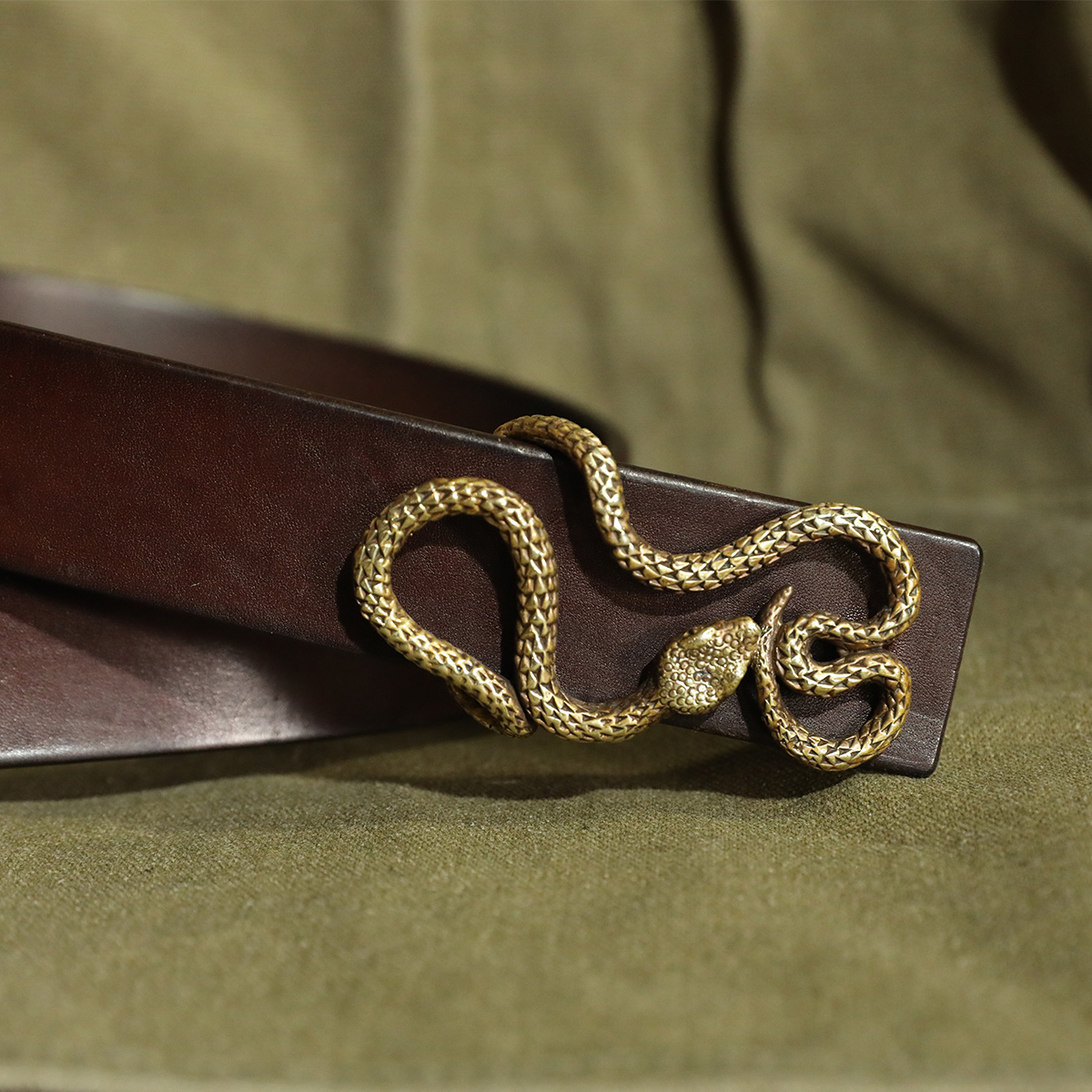 工匠老奴（手工黄铜扣属相蛇+头层牛皮）男士牛仔复古真牛皮带腰带